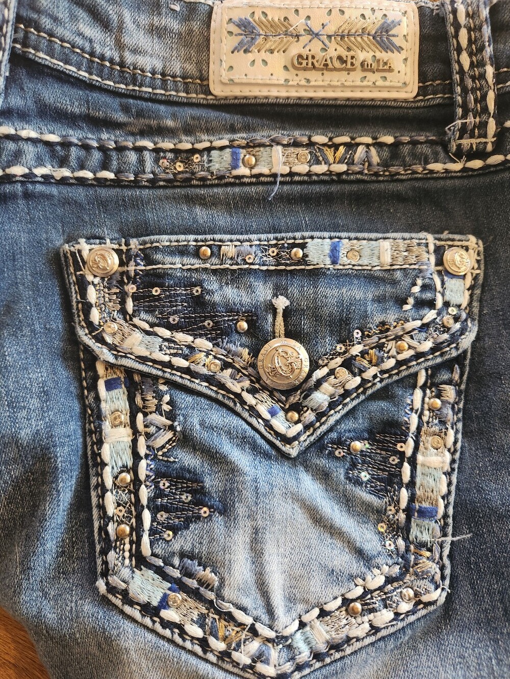 Grace in LA Womens Embellished Blue Denim Jeans